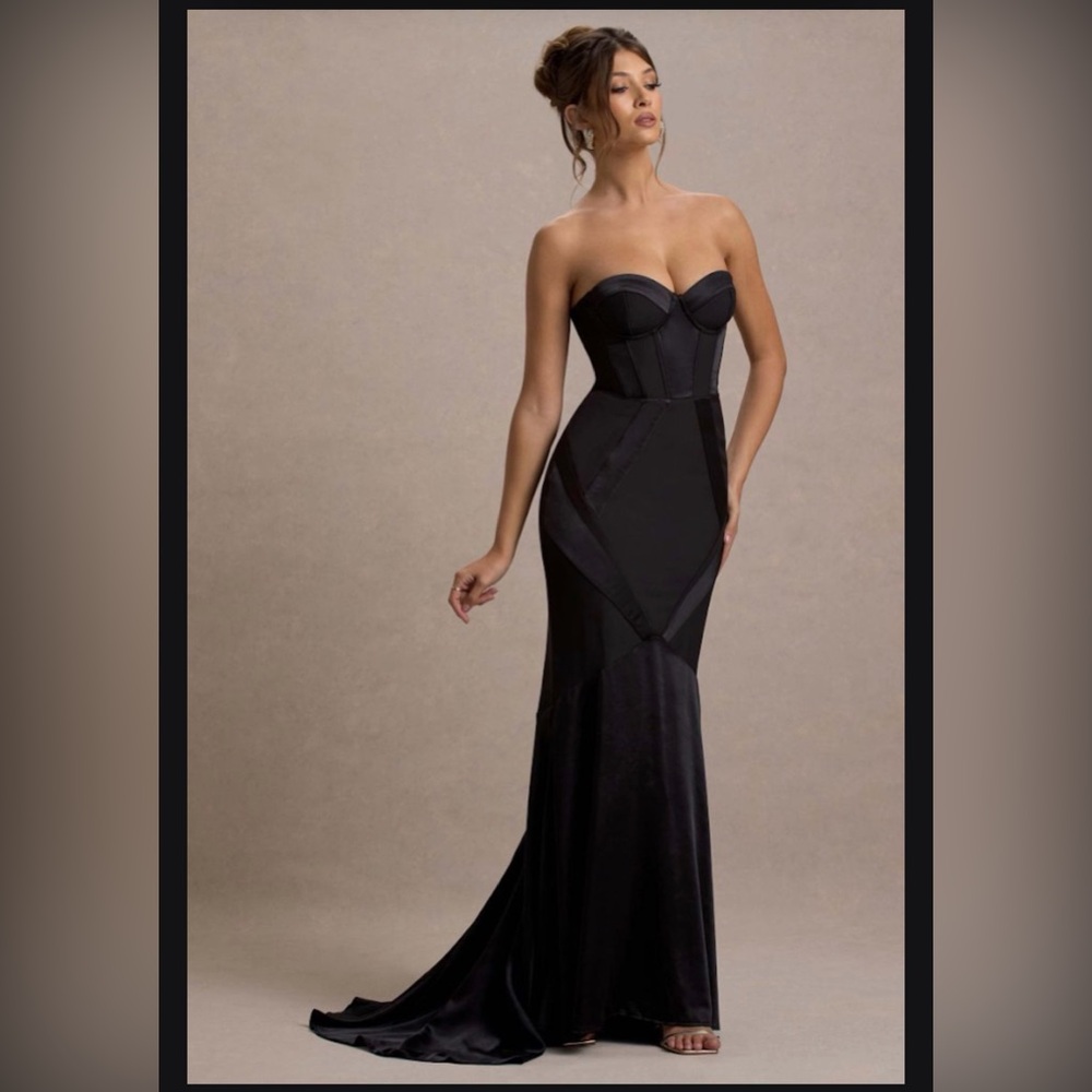 Club L London - Black Satin Sweetheart Corset Gown